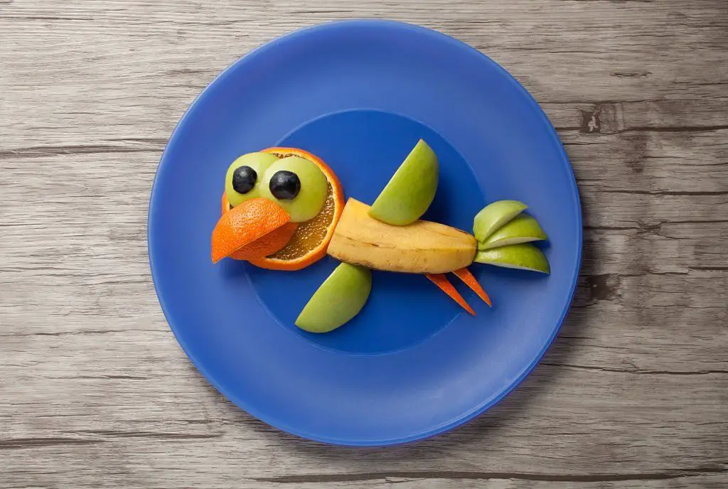 Pájaro con plátano, manzana y naranja